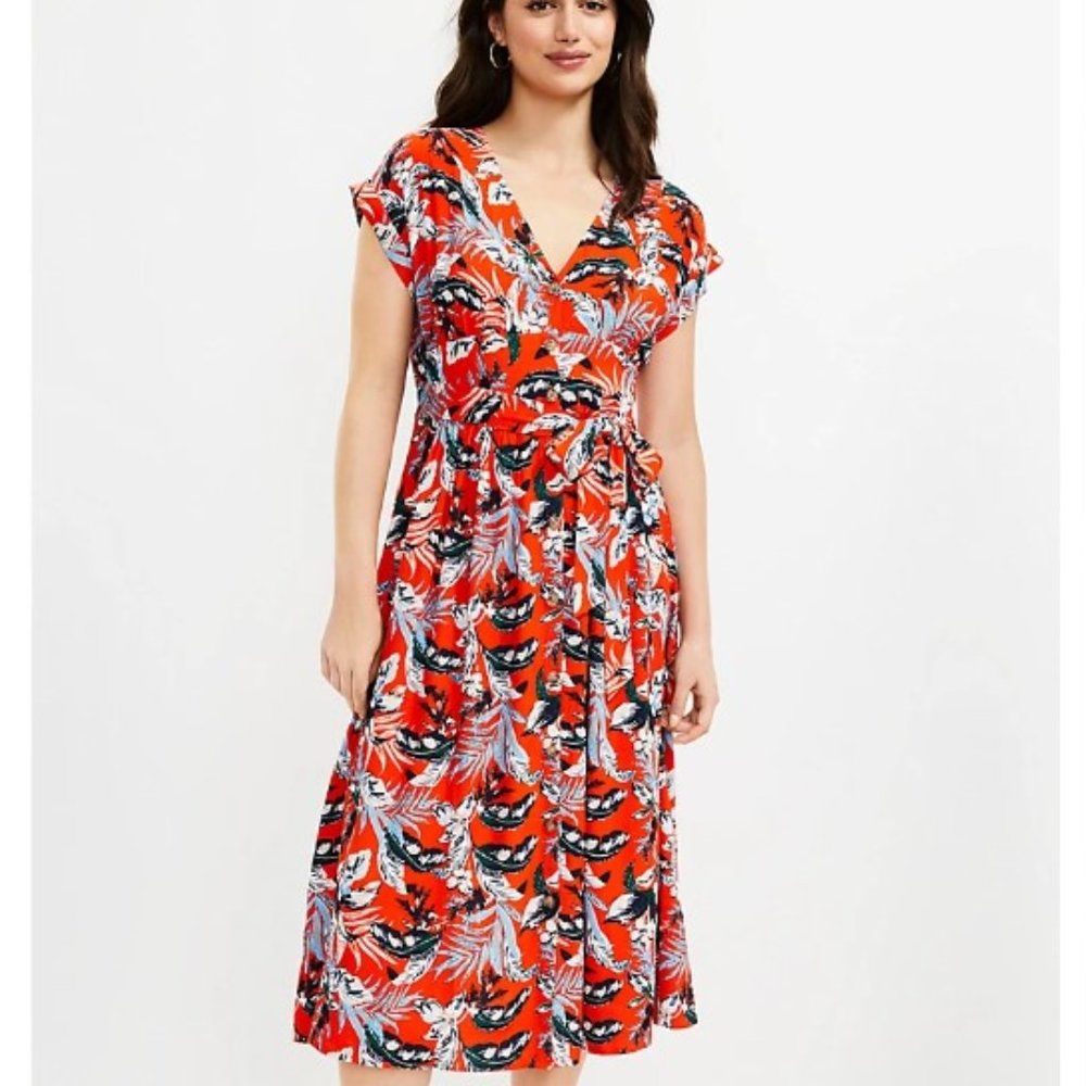LOFT Botanical Button Tie Waist Midi Dress Floral Women's Size 14